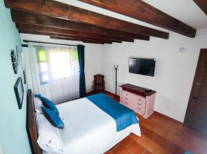 莱瓦镇Casa El Retiro - Villa de Leyva的一间卧室配有一张床、梳妆台和电视。
