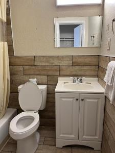 约克镇约克镇汽车旅馆的一间带卫生间、水槽和镜子的浴室