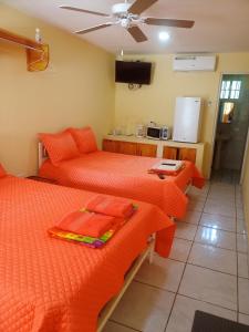 AntónCabañas El Valle的带两张橙色床单的床和厨房的房间