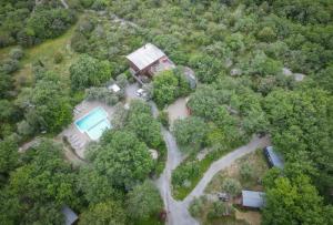 沃格于埃Roulottes et Cabanes de Saint Cerice的森林中一座带游泳池的房子的顶部景色