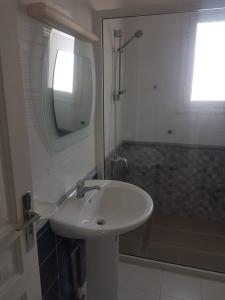 乌姆苏克Djerba La Douce的白色的浴室设有水槽和淋浴。