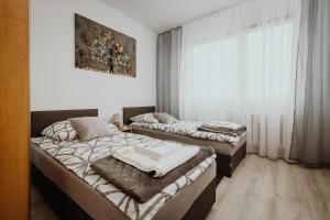 索斯诺维茨Apartament Kraju centrum z fotelem masującym的带窗户的客房内的两张床