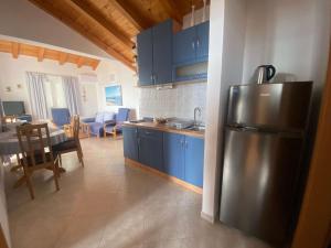 维斯APARTMENTS VIS BY THE SEA的厨房配有蓝色橱柜和不锈钢冰箱