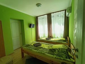 鲍洛通塞派兹德橡树旅馆的配有两张床的客房,设有绿色的墙壁和窗户