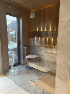 LyngværetLuksushytte med Jacuzzi, Summer&Winter Retreat的一间带卫生间的浴室内的玻璃淋浴间