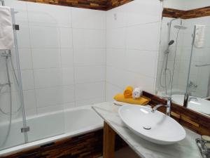 多瑙河畔克雷姆斯奥夫戴尔坤斯特美旅馆的浴室配有水槽、淋浴和浴缸。