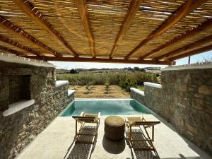 米克诺斯城Abelos Mykonos的一个带两把椅子的游泳池和木屋顶