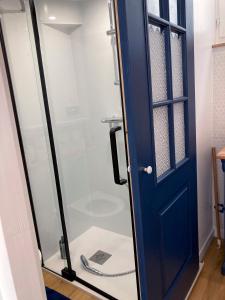 基伯龙Studio Tehani的浴室内设有蓝色门淋浴