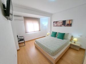 瓦伦西亚Céntrico apartamento en Valencia próximo parada de metro Ángel Guimerà的一间卧室配有一张带绿色枕头的床和一扇窗户