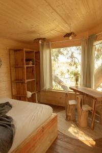 阿尔热祖尔Soul Farm Algarve - Glamping & Farm Houses的一间卧室配有一张床、一张桌子和一个窗户。