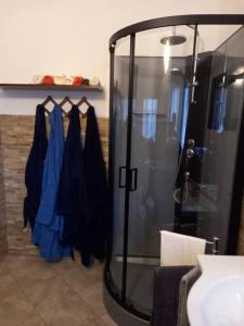 贡内萨Domus Shardana的浴室设有悬挂在架子上的蓝色连衣裙淋浴