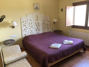 阿尔阿马德穆尔西亚Hotel La Mariposa的一间卧室配有一张紫色床和两条毛巾