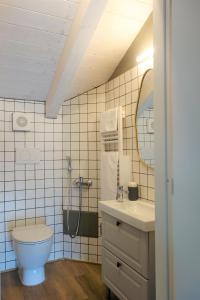 塞拉瓦莱·斯克里维亚Capriccio Art Hotel的一间带卫生间、水槽和镜子的浴室