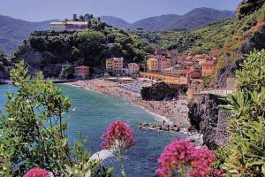 Piano di FolloAppartamento comodo per Lerici e 5 Terre的海滩上有遮阳伞和水中的人