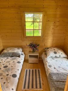 拉德库夫Domki Radków的小木屋内的两张床,设有窗户