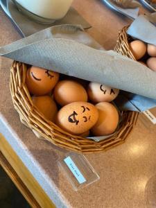 诺因多夫Hotel Heiderose Hiddensee的坐在桌子上的一篮子鸡蛋