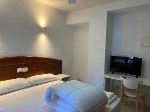 塔拉韦拉·德·拉·雷纳拉埃姆巴雅达旅馆的一间卧室配有一张床、一张书桌和一台电视