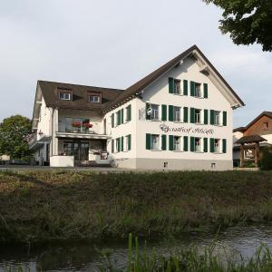 费尔德基希Schäfle Landgasthof的白色的建筑,设有绿色的窗户和河流