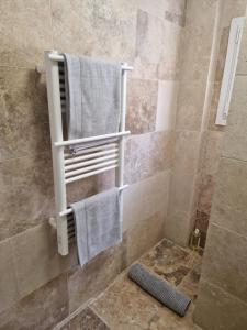 邦多勒Le sunset的一间带淋浴的浴室,墙上配有毛巾