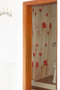 圣卡尼兹CHECK in ECK MOTEL的玻璃柜,上面挂着红色花帘