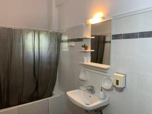 凯里翁Katerinas Inn Apartments的一间带水槽和淋浴帘的浴室
