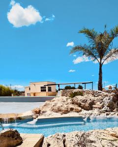 科里利亚诺多特兰托Agriturismo Le Site的一座棕榈树和房子的游泳池