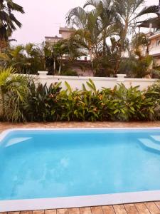 特鲁欧克比赫斯Just Chill Villa的蓝色的游泳池,在白色的墙壁前,有植物