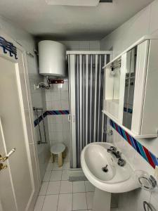 恩佩多克莱港LA TERRAZZA SUL MARE的一间带水槽和淋浴的小浴室