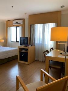 圣保罗Hotel Aeroporto Congonhas的酒店客房配有一张床和一张书桌及一台电视