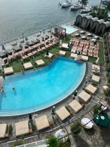 迈阿密海滩Bay view king suite with balcony的享有带椅子和水的大型游泳池的顶部景致