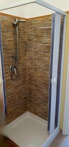 贾迪尼-纳克索斯Agape casa vacanze的带淋浴的浴室(带木墙)