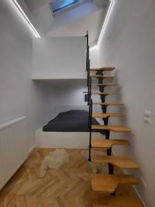 TrnávkaBuda-city house的一间设有楼梯的客房,通往一间卧室