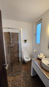 布什泰尼Casa cu Flori的带淋浴、卫生间和盥洗盆的浴室