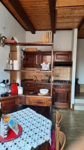 ZovelloLa casa del Cucù al Ravascletto, 900mt from cable car的厨房配有木制橱柜和桌子。