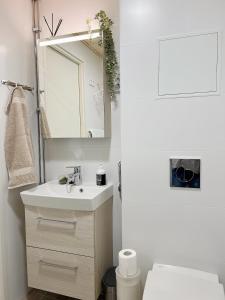 埃斯波Cozy apartment with free parking的白色的浴室设有水槽和镜子