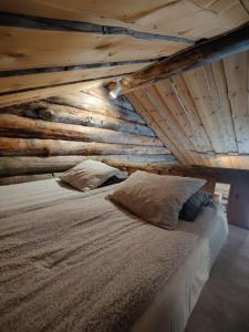 KaresuvantoVilla Lavijoki的木天花板的客房内的一张床位
