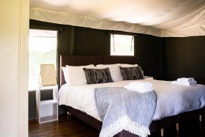 兰彼得Canvas & Campfires的一间卧室配有一张带天蓬的床