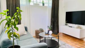 松兹瓦尔Sundsvall By M - Basement Studio的客厅配有蓝色的沙发和电视
