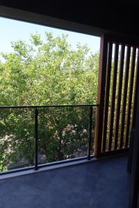 库萨达斯MAYA APARTMANI的阳台享有树木的景致。