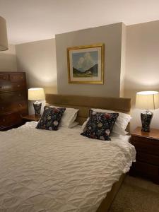 科克Ballea Farmhouse的一间卧室配有一张带两个枕头和两个灯的床。