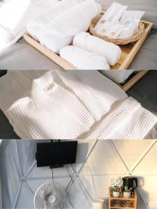 Ban Pa Yang (3)Style Paidoi Resort的一张带毛巾的床的两张照片拼贴