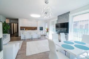 桑托德Luxus Partivilla Apartman的厨房以及带桌椅的用餐室。