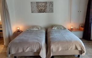 Parçay-les-PinsLe Clos des Roses的墙上有一张头的房间里,有两张床