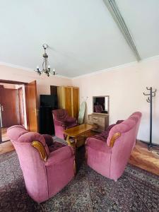 普里什蒂纳Guest House Velania的客厅配有粉红色的椅子和桌子