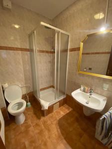 恰德察Penzión TATRA INN的带淋浴、卫生间和盥洗盆的浴室