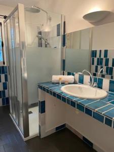 滨海卡瓦莱尔4-Star Private Villa with Heated Pool and Panoramic Sea View at Gulf de Saint Tropez的一间带水槽和淋浴的浴室