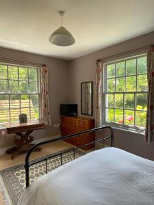 海尔舍姆Starnash Farmhouse Holiday Home的一间卧室配有一张床、一个梳妆台和两个窗户。