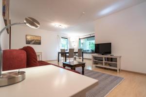 蒂宾根朗哈默尔公寓的带沙发、桌子和电视的客厅