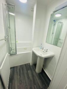 布莱顿霍夫Avalon Hotel的白色的浴室设有水槽和淋浴。