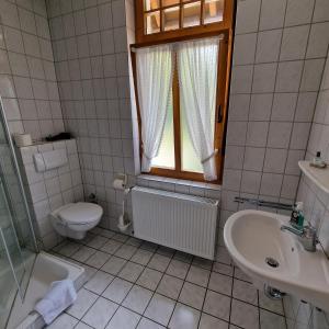 AugustdorfGasthaus Pension DÖRENKRUG - Restaurant的一间带卫生间、水槽和窗户的浴室